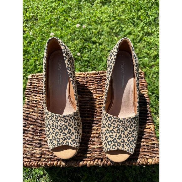 Toms Peep Toe Wedge Sandal Natural Textured Small Leopard Print Size 10 - Picture 2 of 8